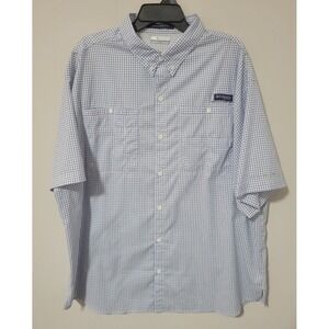 Columbia PFG Button Down Fishing Shirt Mens XXL Blue White Check Omni-Shade